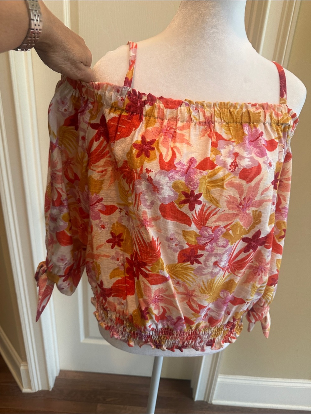 BCX Pink Floral Off-Shoulder Blouse with Tie Sleeves